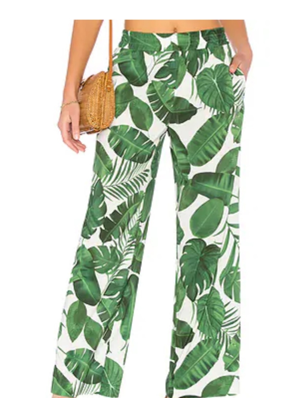 Alice + Olivia White Wide-Leg Pants with Green Tropical Leaf Print